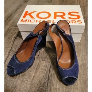 MICHAEL KORS Leigh Wedge Heels Blue Suede w/ Box Size 9.5 M